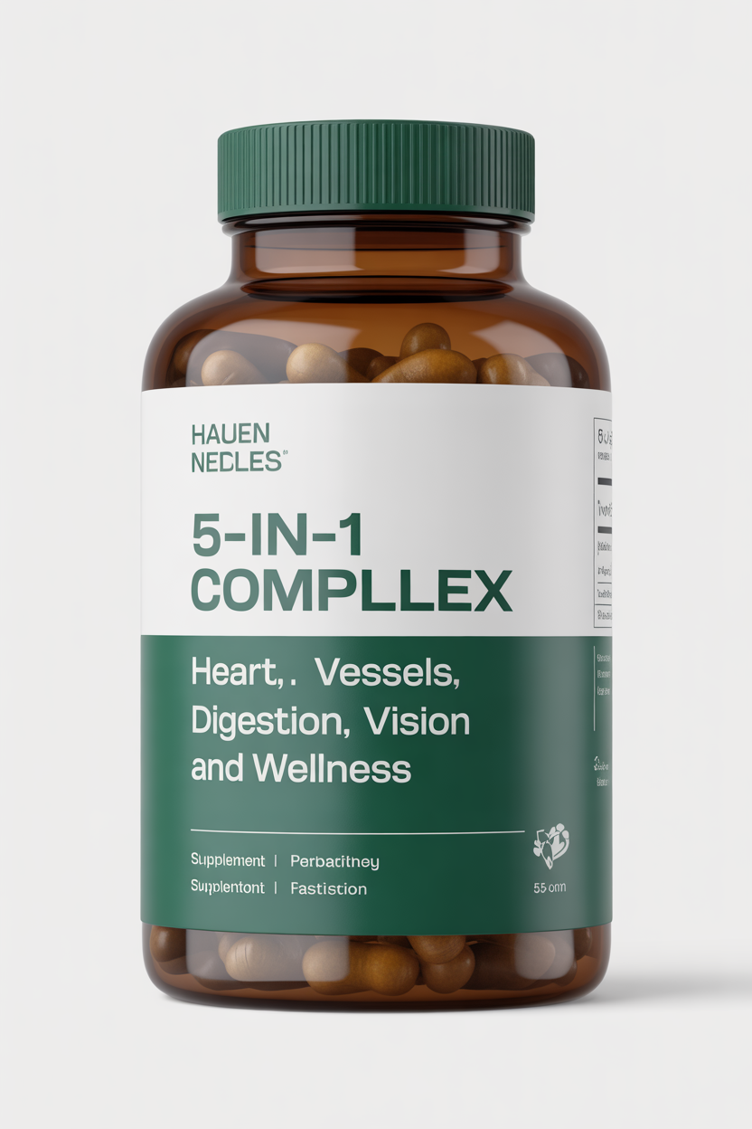 VitaCore 5 supplement bottle, 5-in-1 complex for heart, vessels, digestion, vision and wellness